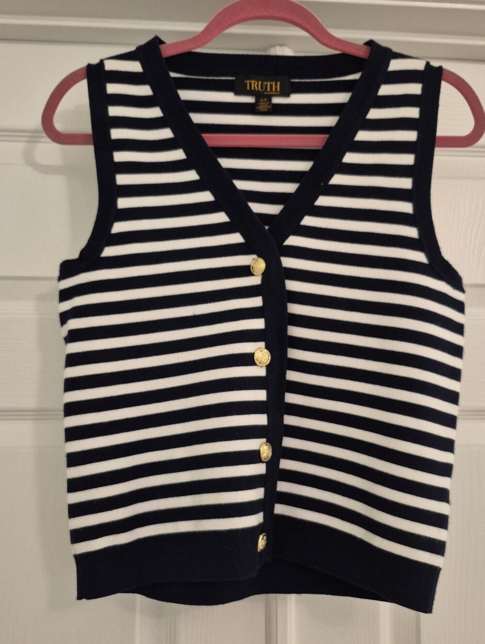 Truth by Republic Striped Navy and White Knit Top Vest Gold Buttons Small